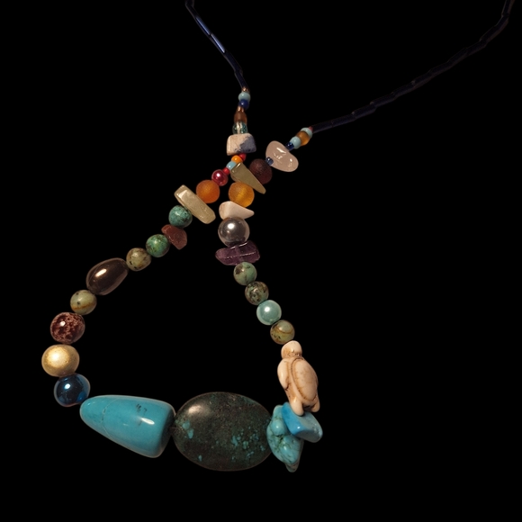 Vintage Turtle Zuni Fetish Stone Beaded Necklace Tribal Exotic Blues Whites - Picture 3 of 8